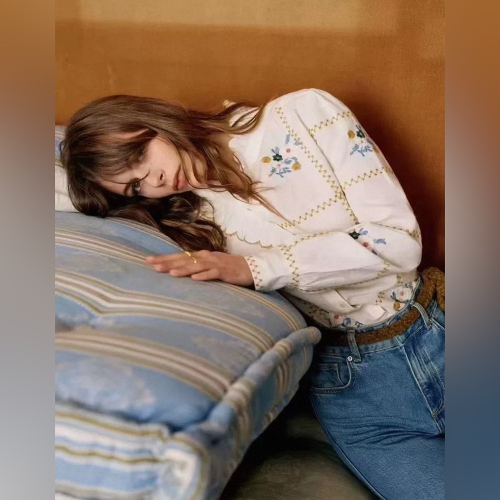 Sezane White Embroidered Button-Down Shirt with Blue & Yellow Floral Detail